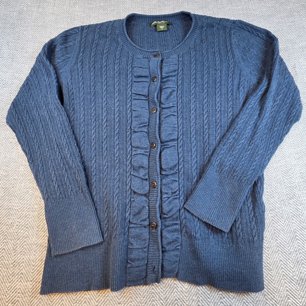 Eddie Bauer Blue Cable Knit Ruffle Front Button Cardigan Sweater Womens XL